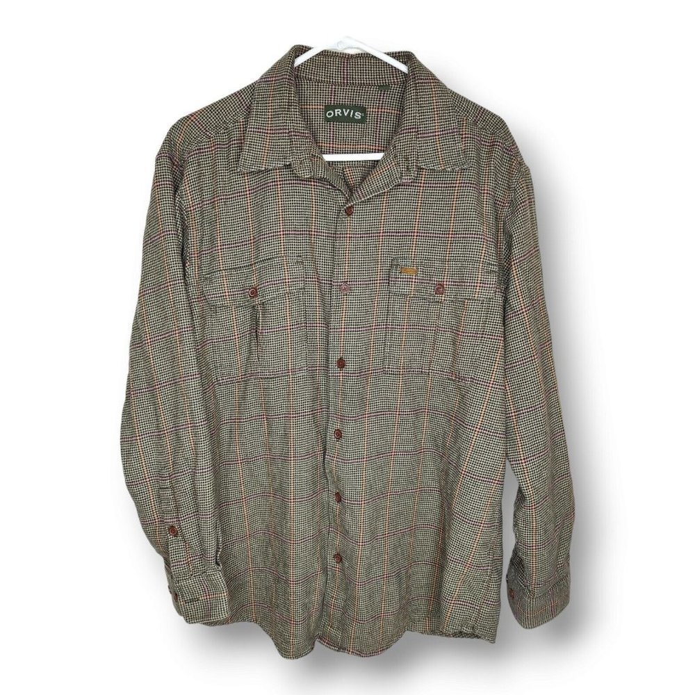 Orvis Men's Casual Button Down Shirt - Brown and Red Plaid